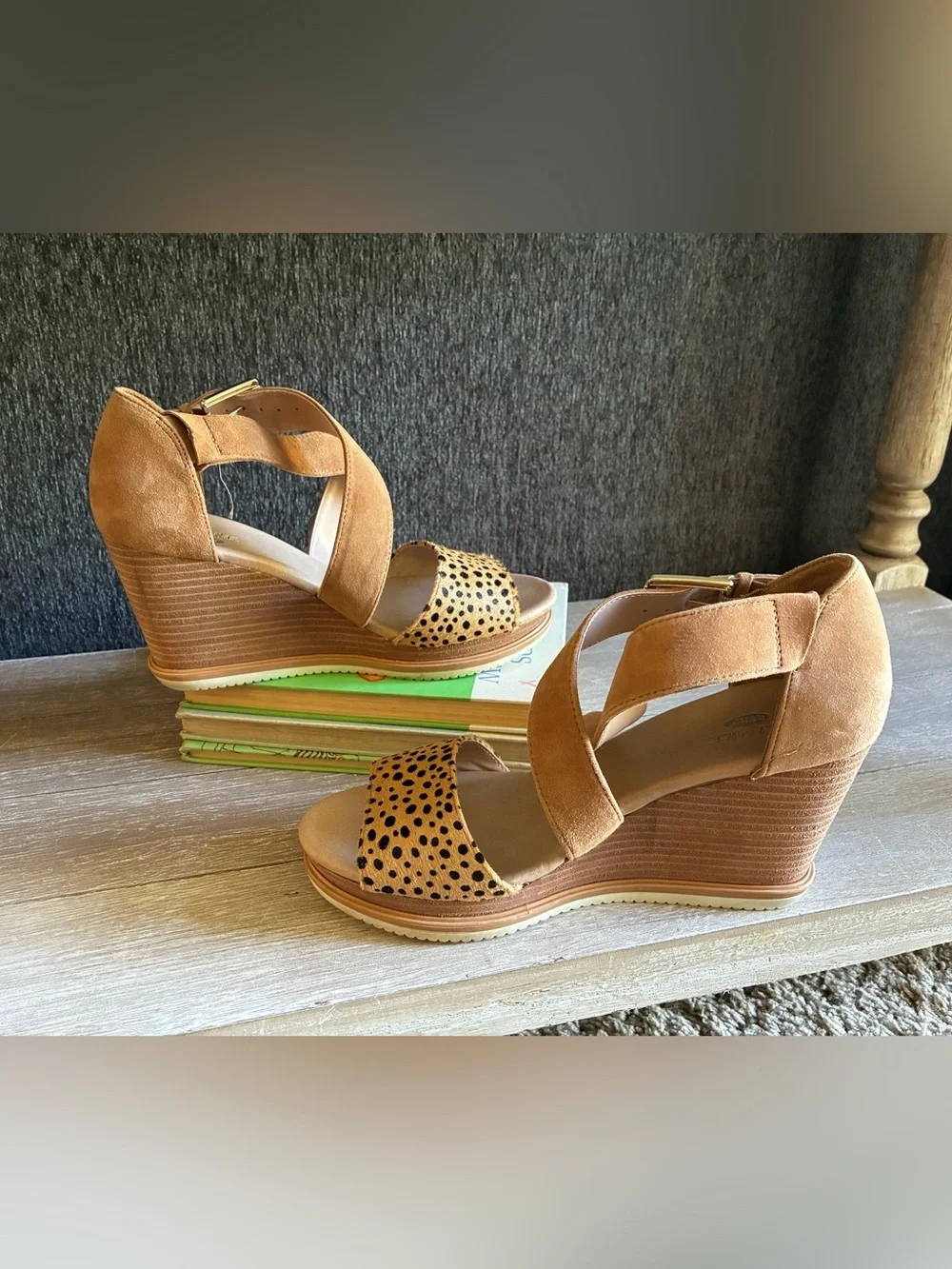 Dr Scholls Sweet Escape Wedge Sandals With Tan Suede And Animal Print Toe Strap
